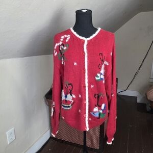 VTG BellePointe Christmas Cardigan Red Knit Holiday Sweater Made in Hong Kong M‎